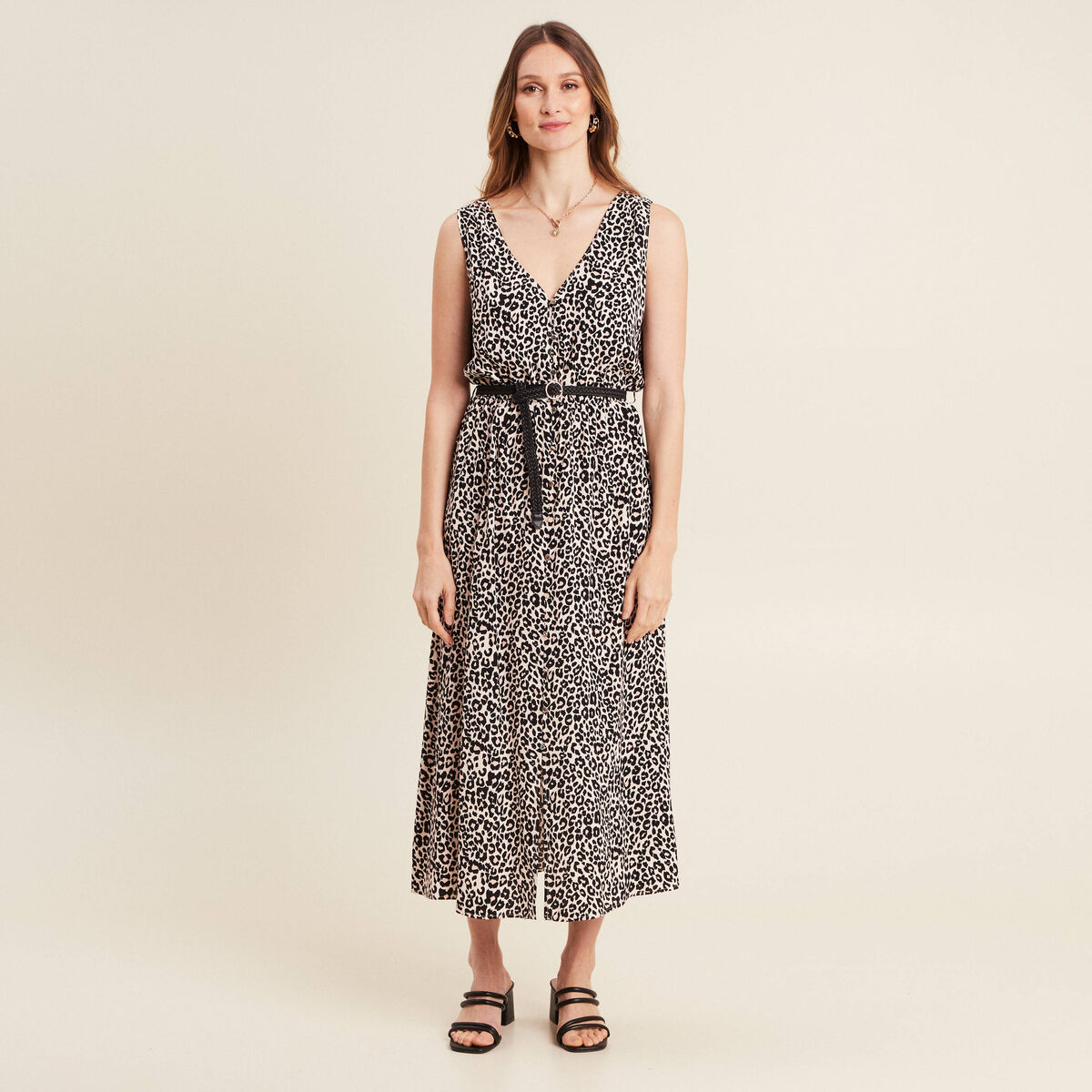 Robe midi évasée ceinturée rose pastel femme