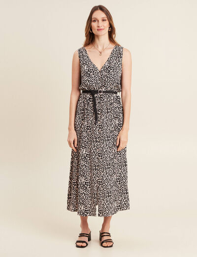 Robe midi évasée ceinturée rose pastel femme