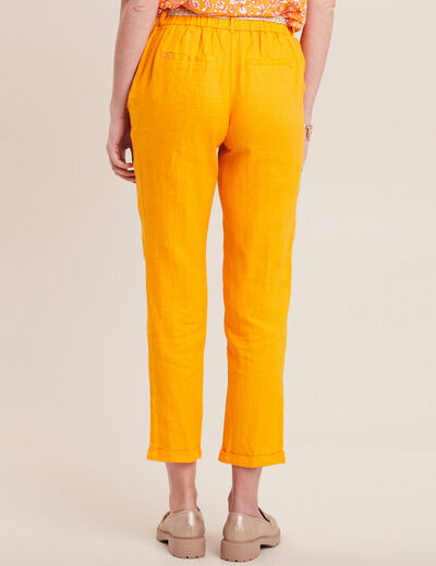 Pantalon coupe chino en lin ceintur&eacute; jaune or femme