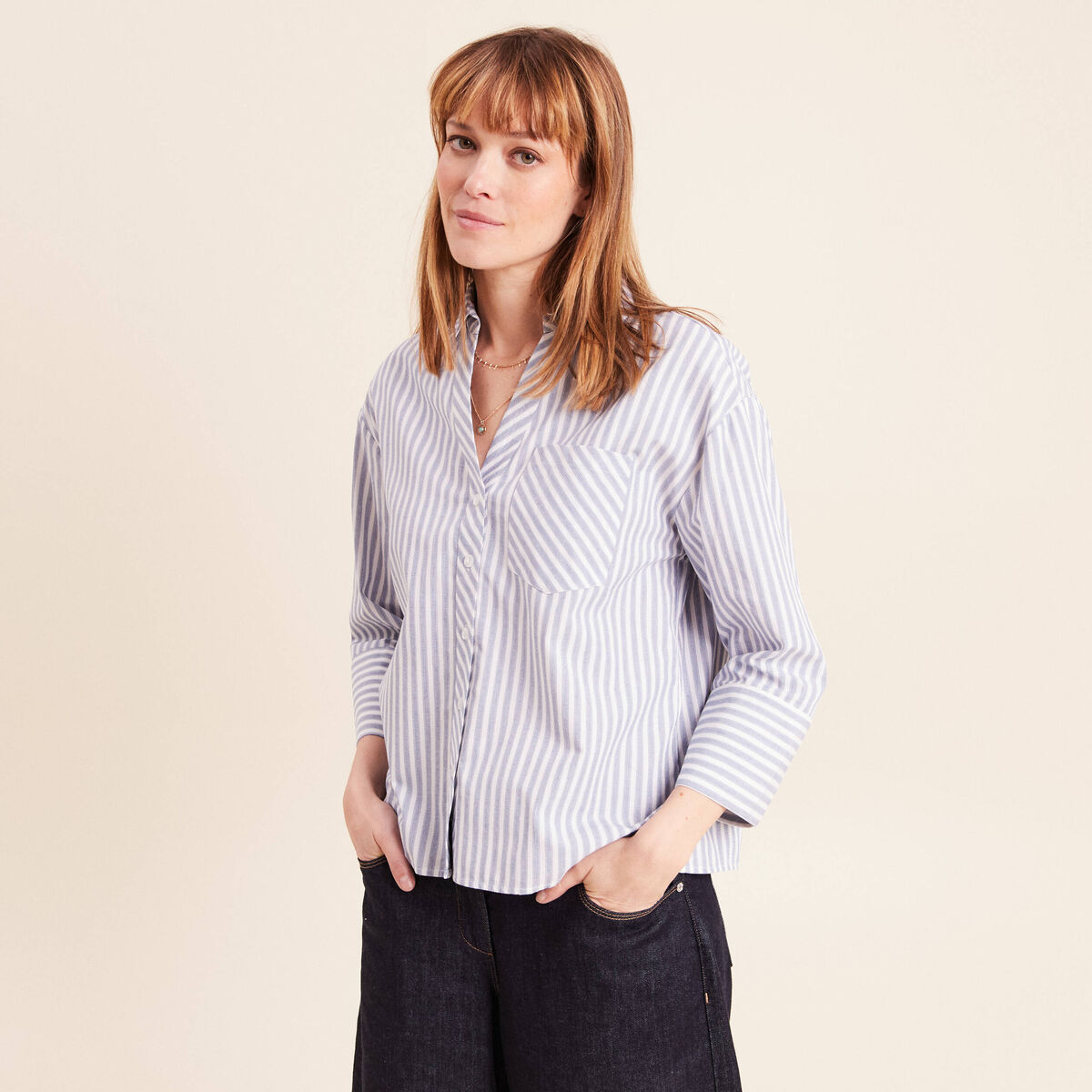 Chemise manches 3/4 bleu femme