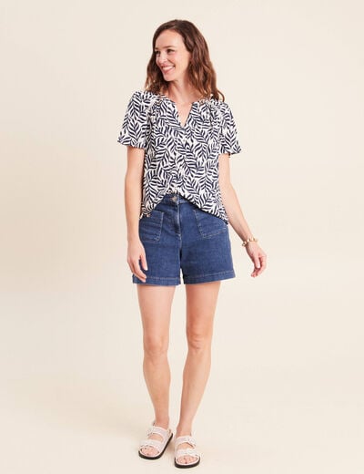 Blouse col v manches courtes fluide bleu femme