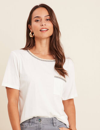 T-shirt col rond manches coudes tressé ecru femme