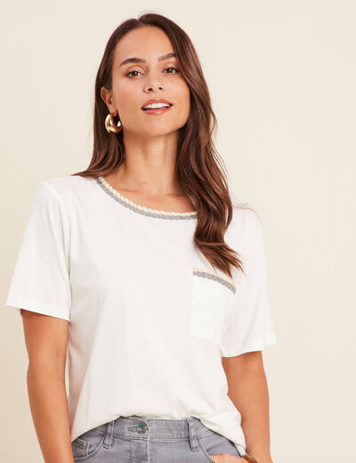 T-shirt col rond manches coudes tressé ecru femme