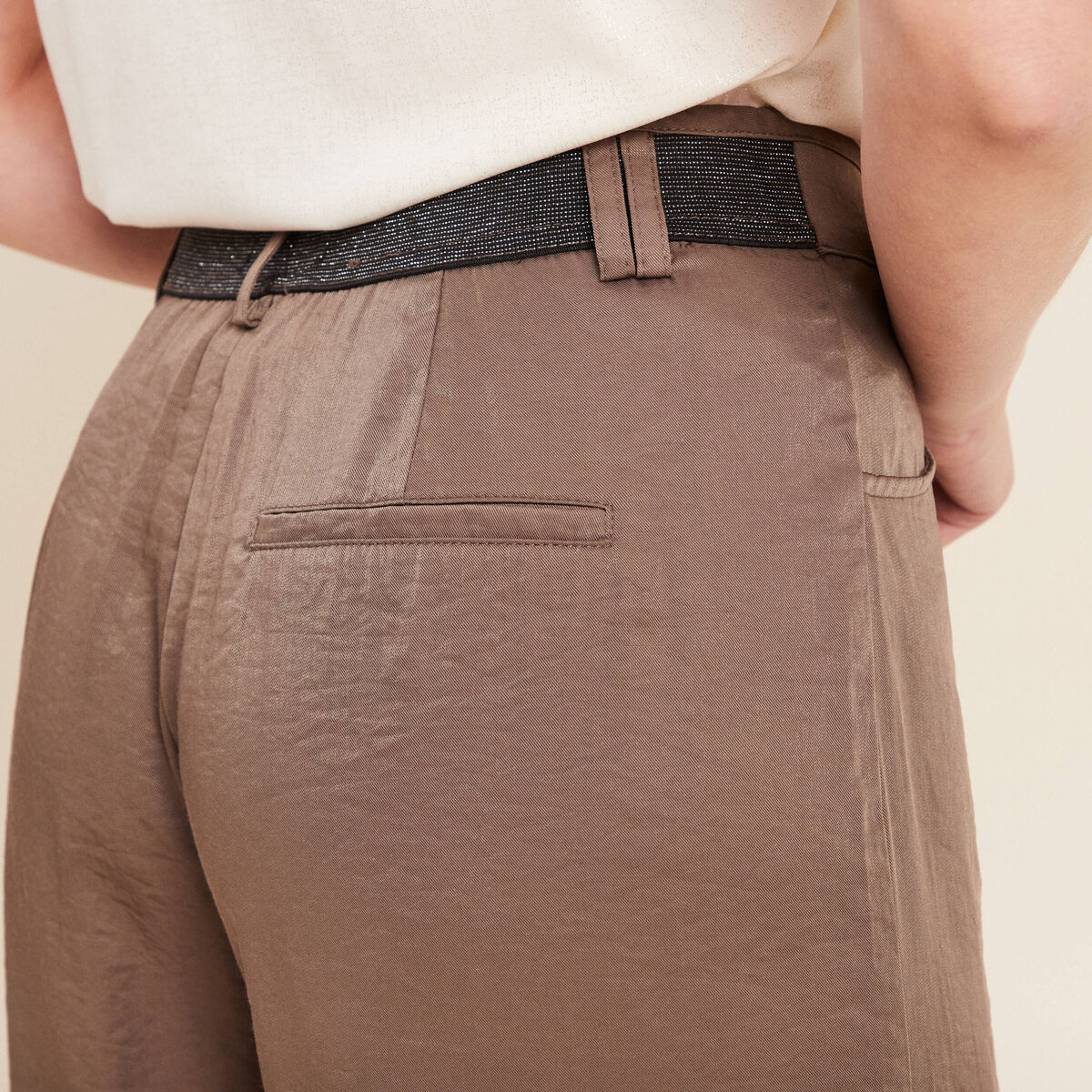 Pantalon large taille haute taupe femme