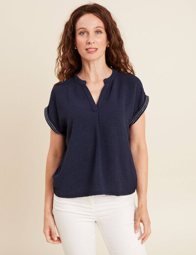 Blouse col tunisien manches courtes bleu foncé femme