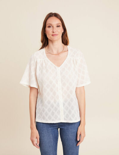 Blouse col chemise manches courtes ecru femme