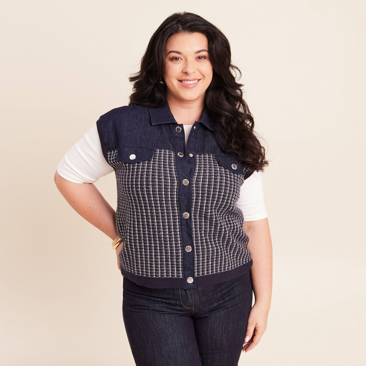 Veste sans manches col chemise bleu marine femme