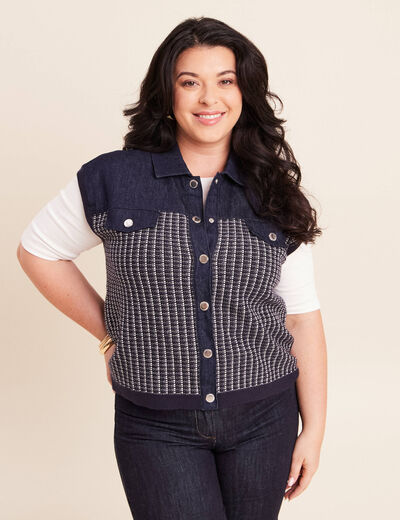 Veste sans manches col chemise bleu marine femme