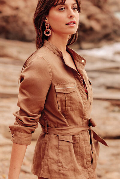 Veste droite ceinturée marron femme