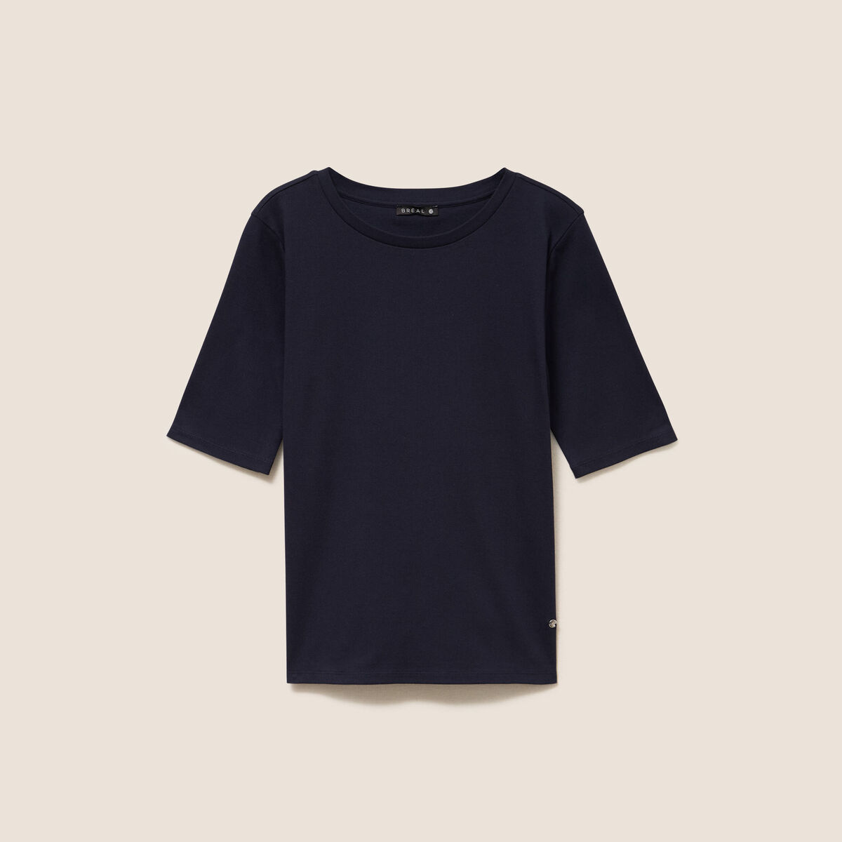 T-shirt ajust&eacute; col rond manches coudes bleu fonc&eacute; femme