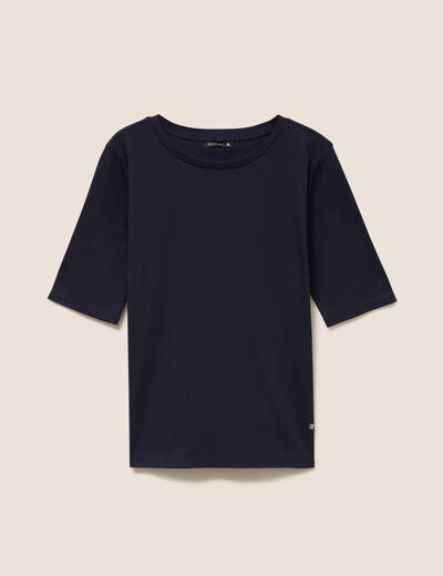 T-shirt ajust&eacute; col rond manches coudes bleu fonc&eacute; femme