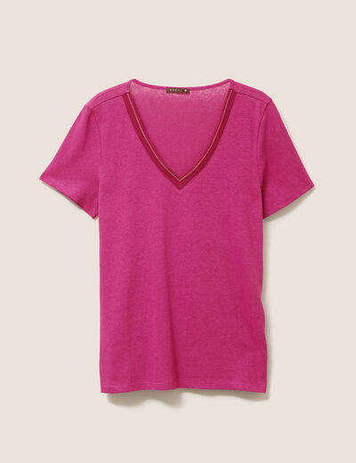 T-shirt manches courtes col en V violet femme
