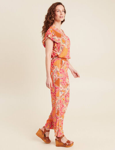 Pantalon large taille haute orange femme
