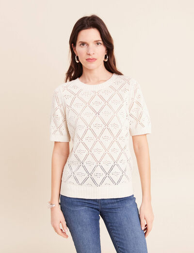 Pull droit court manches courtes ecru femme