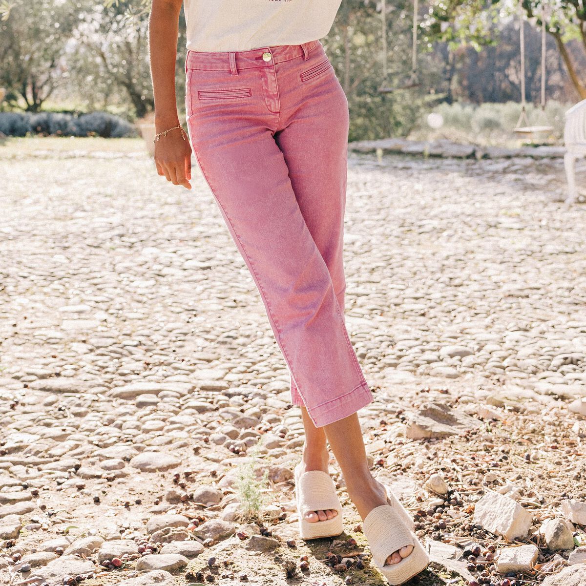 Jean droit 7/8ème rose fushia femme