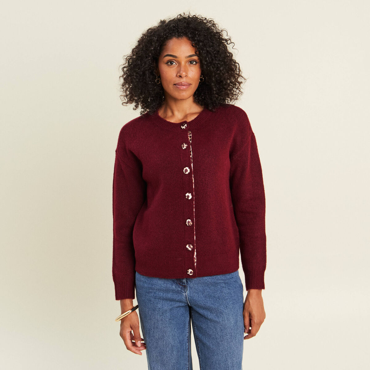 Gilet droit mi-long col rond bordeaux femme