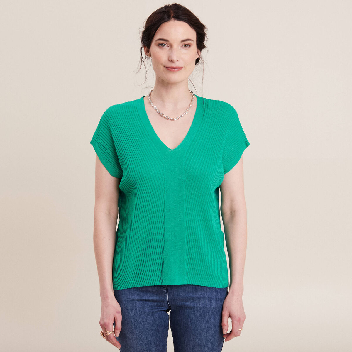 Pull à manches courtes vert turquoise femme
