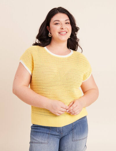 Pull ajour&eacute; sans manches col rond jaune pastel femme