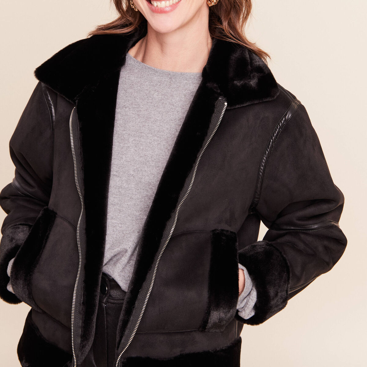 Bombardier court droit col montant noir femme