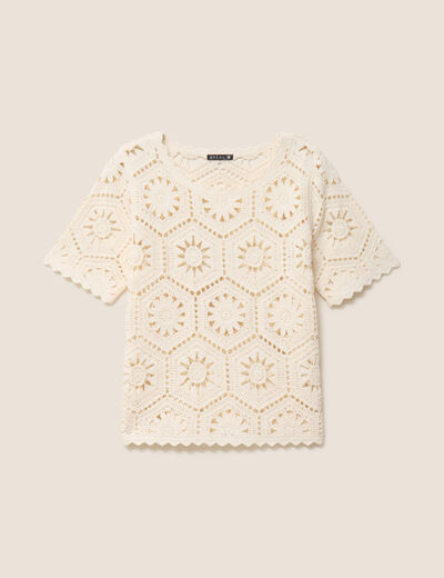 Pull col rond manches courtes dentelle ecru femme