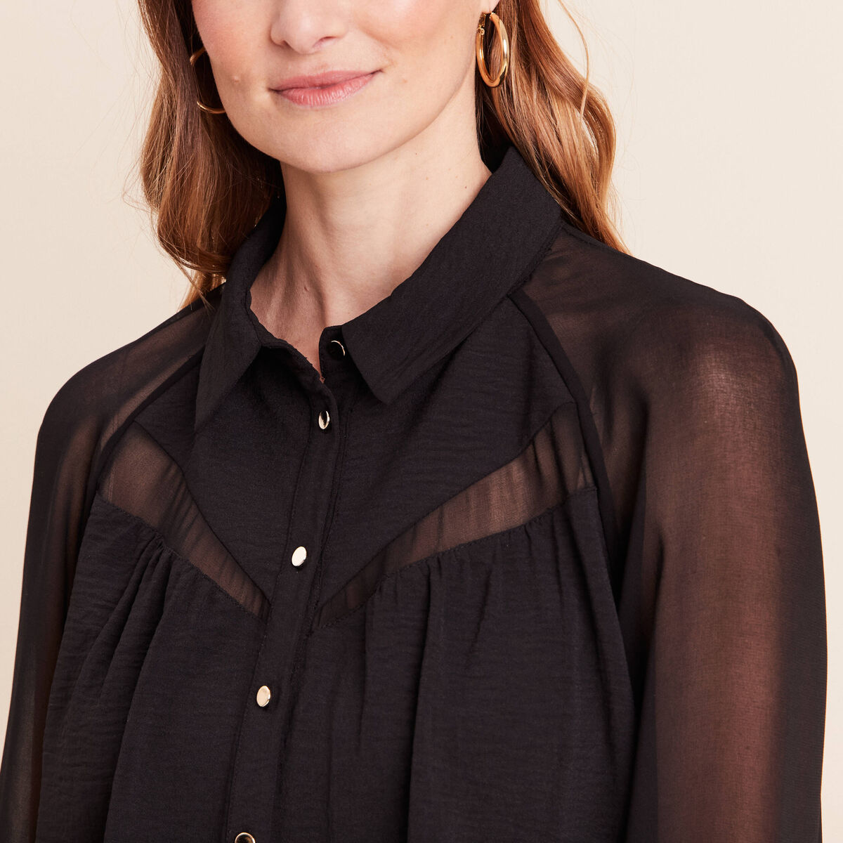 Chemise ample voile doubl&eacute;e col chemise noir femme