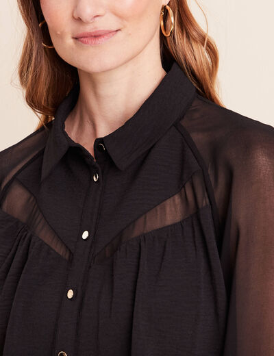 Chemise ample voile doubl&eacute;e col chemise noir femme