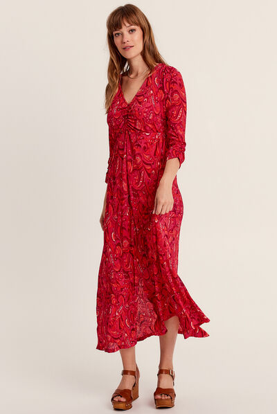 Robe longue évasée plissée rose femme