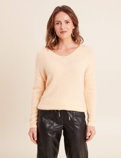 Pull col v orange abricot femme