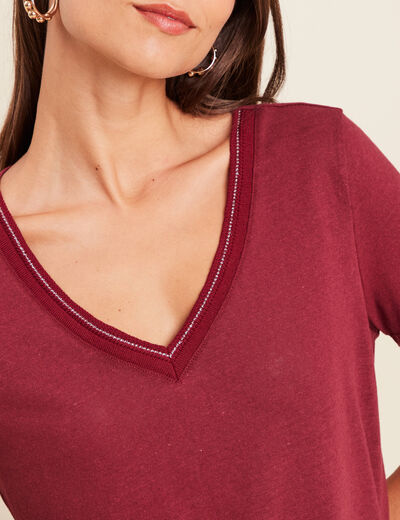 T-shirt manches courtes col en V bordeaux femme