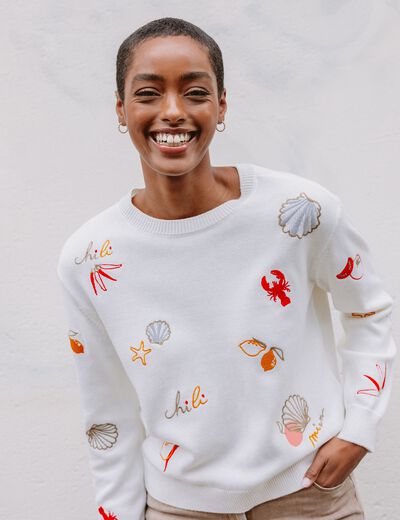Pull col rond manches longues rouge femme
