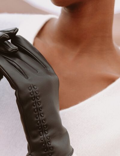 Coffret gants doubl&eacute;s en cuir noir femme