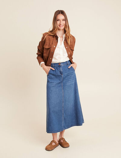 Jupe longue trapèze en jean denim stone femme