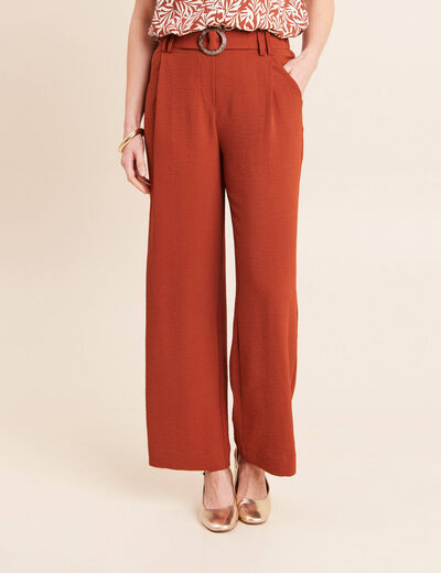 Pantalon large taille haute fluide marron fonc&eacute; femme
