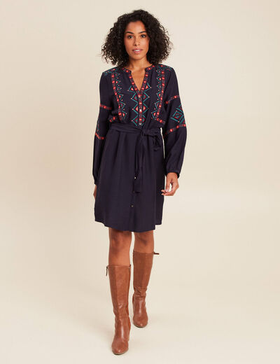 Robe brod&eacute;e col tunisien rouge femme