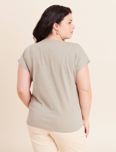T-shirt col v manches courtes aspect lin vert clair femme