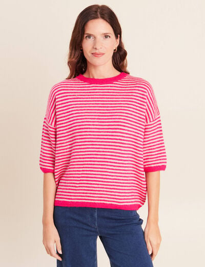Pull droit col rond manches 3/4 rose femme