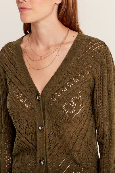 Gilet ajouré manches longues vert olive femme
