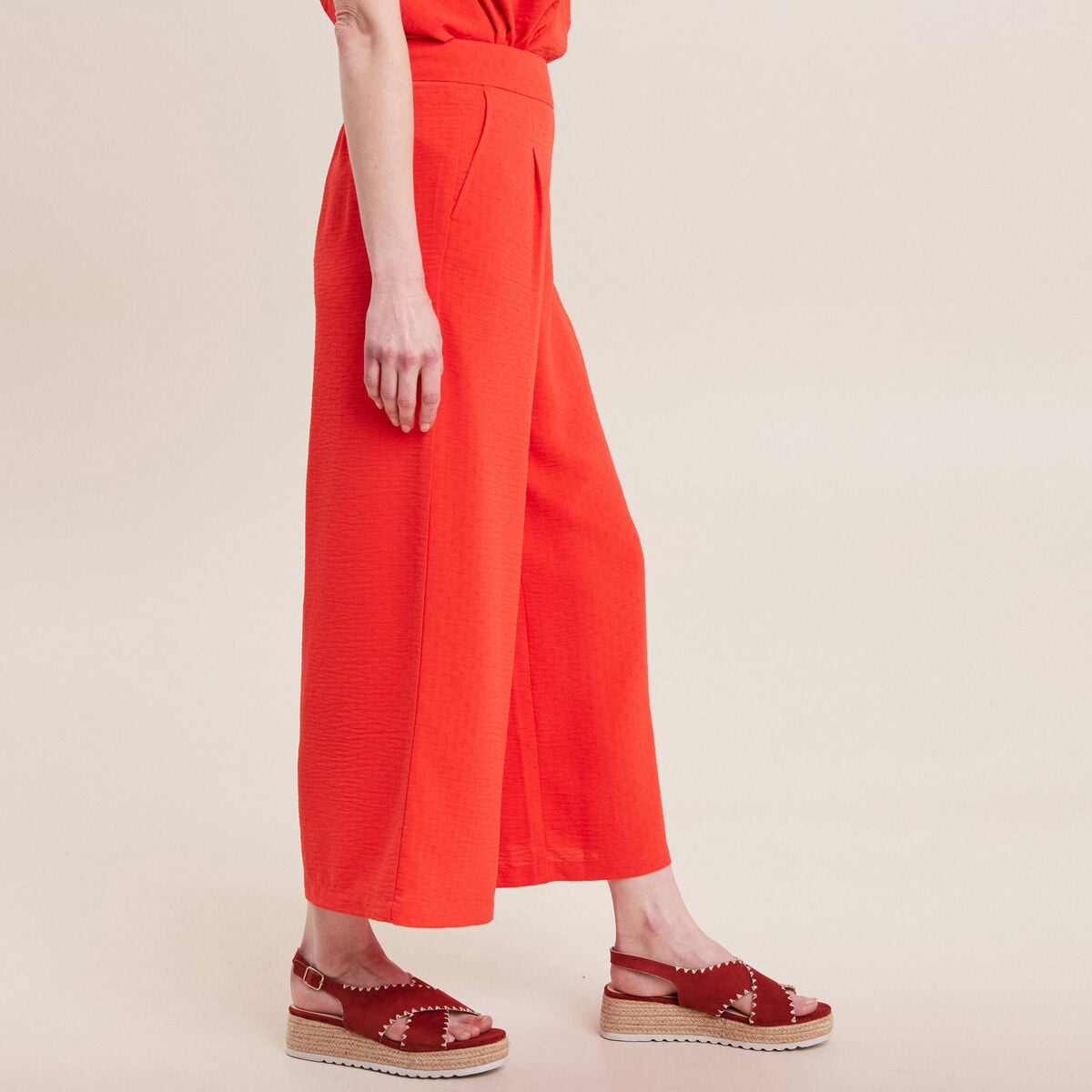 Pantalon large &eacute;lastiqu&eacute; orange femme
