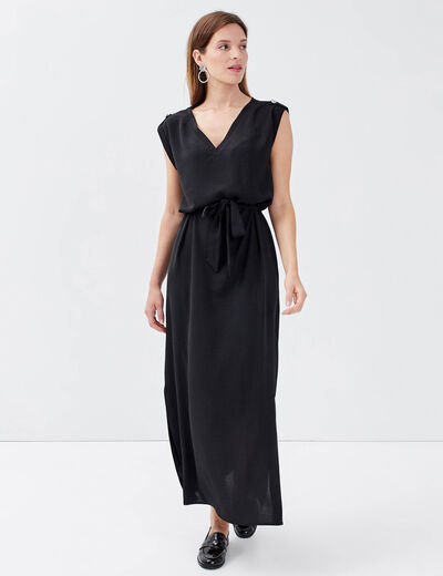 Robe longue droite ceinturée noir femme