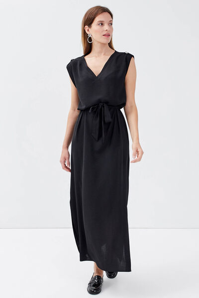 Robe longue droite ceinturée noir femme