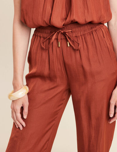 Pantalon large taille haute marron foncé femme