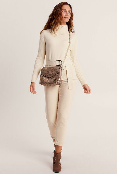 Pull col roulé avec ceinture creme femme