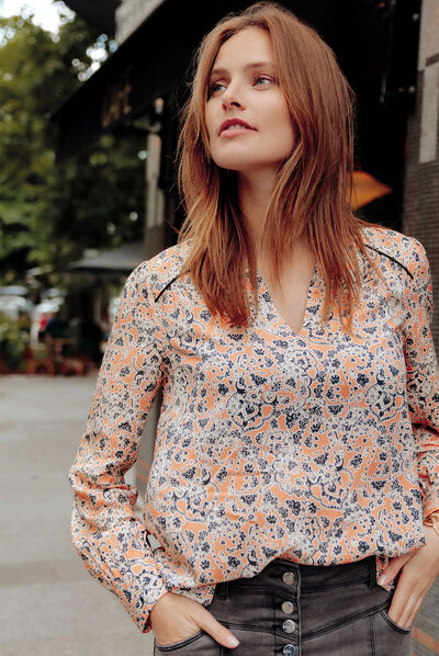 Blouse manches longues orange corail femme