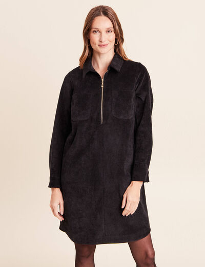 Robe droite courte velours col chemise noir femme