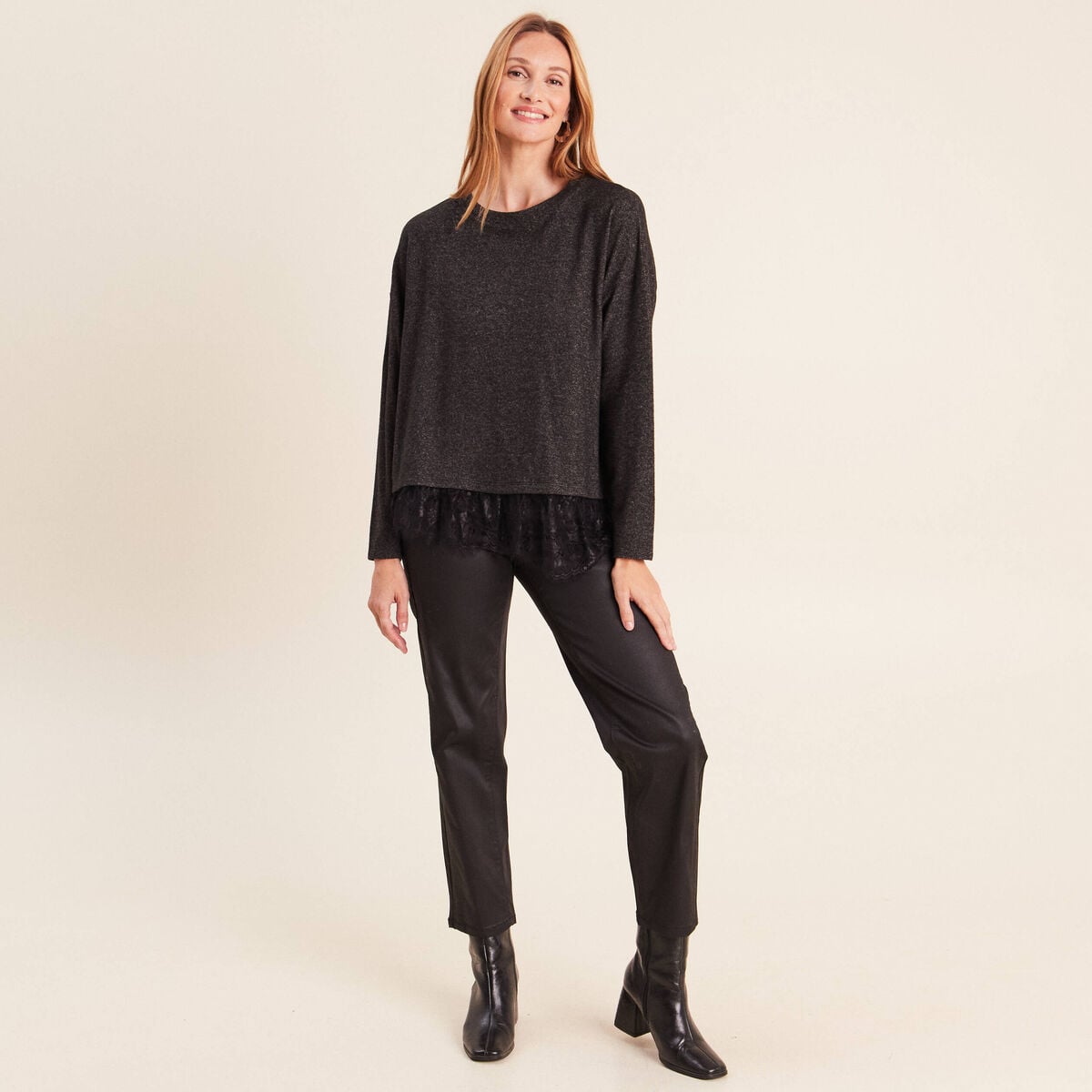 Pantalon enduit noir femme