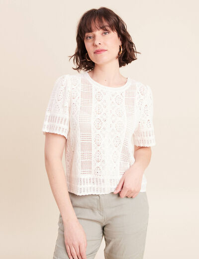 T-shirt col rond &agrave; dentelle ecru femme