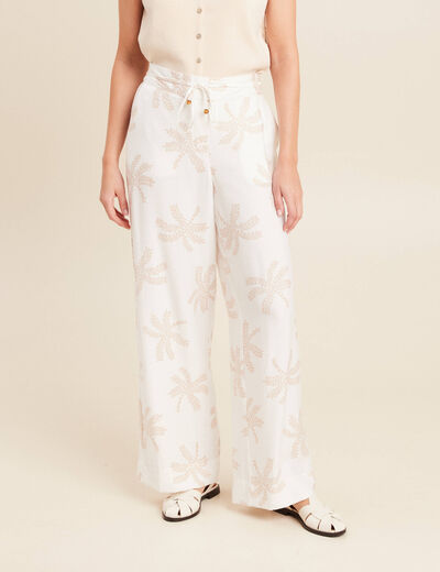 Pantalon large taille haute beige femme