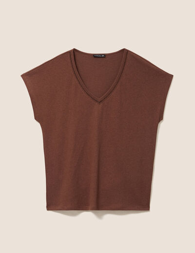 T-shirt col v manches courtes aspect lin marron fonc&eacute; femme