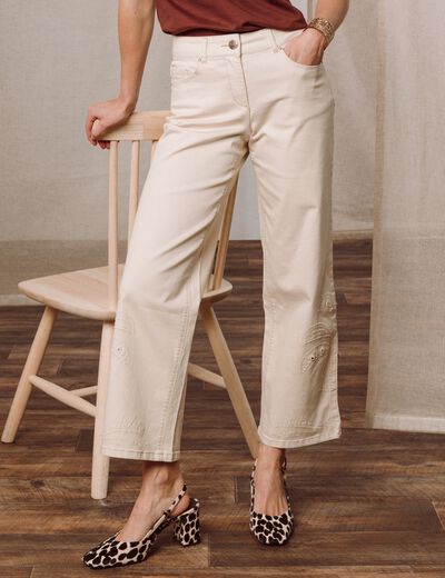 Pantalon 7/8&egrave;me coupe large ivoire femme