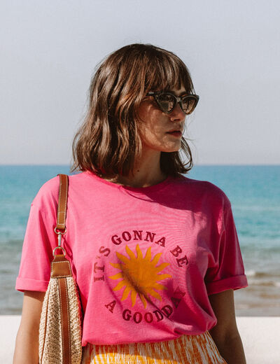T-shirt col rond manches courtes rose fushia femme